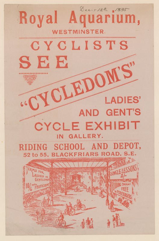 Folder, der annoncerer Cycledoms Ladies and Gents Cycle Exhibit på Royal Aquarium af English School