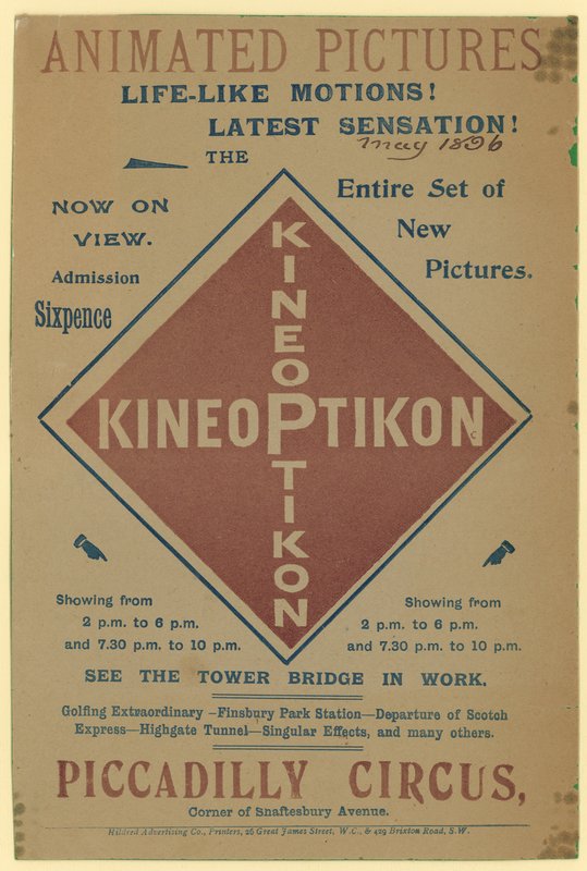 Folder, der reklamerer for Kineoptikon, Piccadilly Circus af English School