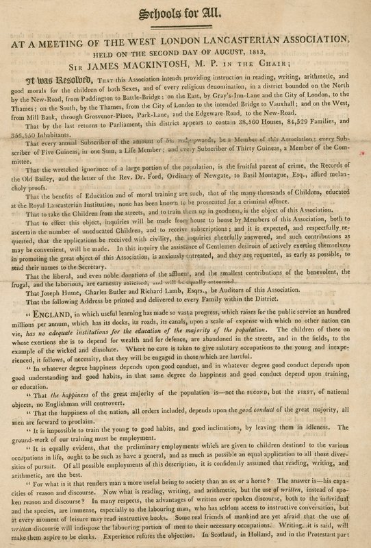 Folder, der forklarer en beslutning fra West London Lancasterian Association om at begynde at give undervisning til børn, august 1813 af English School