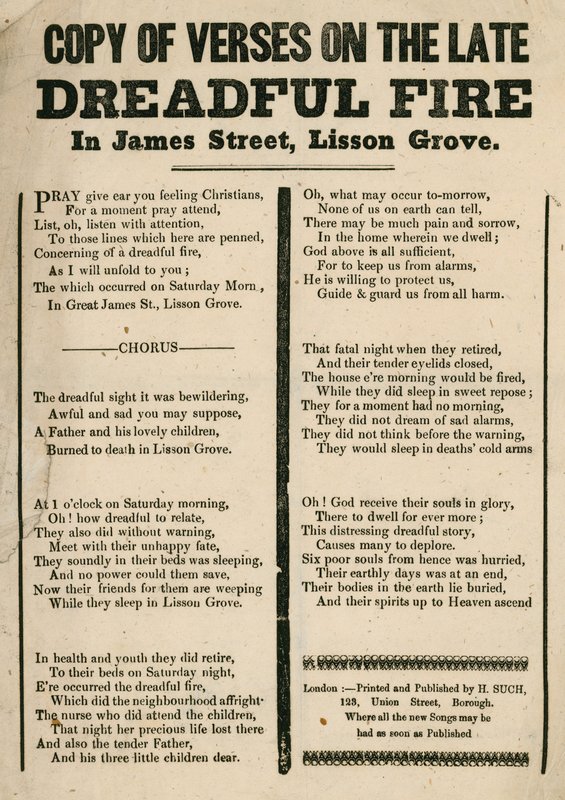 Folder med vers, der vedrører en brand i James Street, Lisson Grove, London af English School