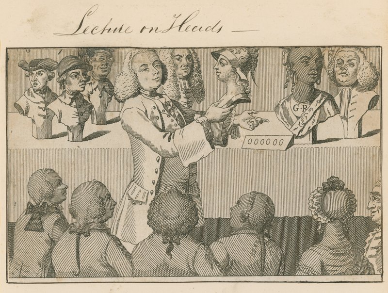 Foredrag om hoveder i Long Room, overfor Sadlers Wells, den 20. juni 1765 af English School