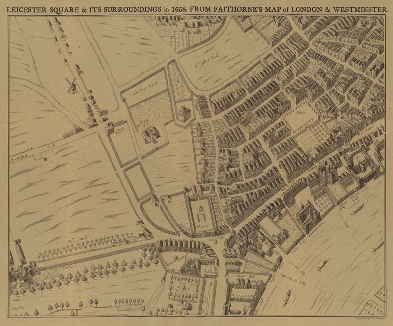 Leicester Square og dens omgivelser i 1658 af English School