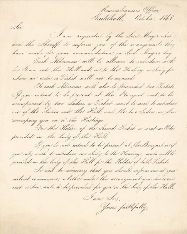 Brev med detaljer om arrangementer for en banket i Guildhall, London, den 9. november 1868 af English School