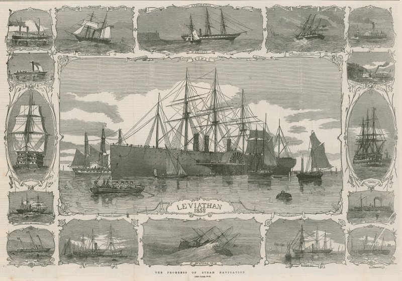 Leviathan 1858; montage af billeder, der viser forløbet af steam nav af English School