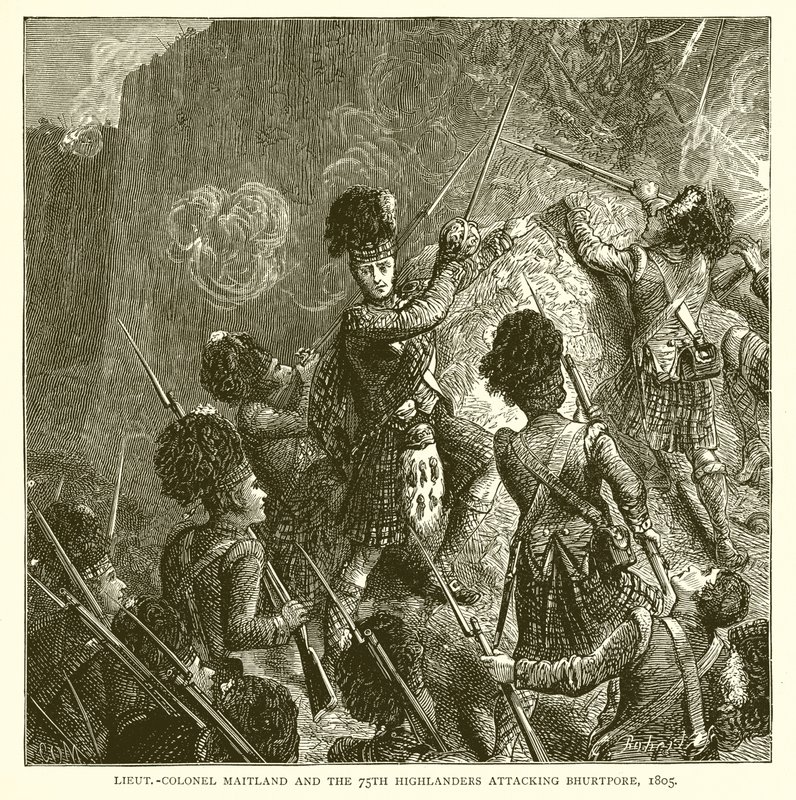 Oberstløjt Maitland og 75th Highlanders angriber Bhurtpore, 1805 af English School