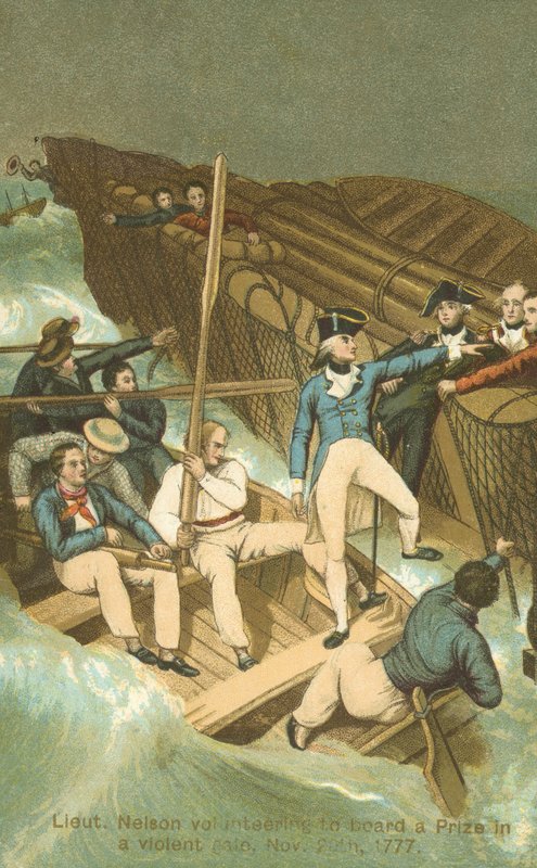 Løjtnant Horatio Nelson går ombord på en præmie i en storm (farve litho) af English School