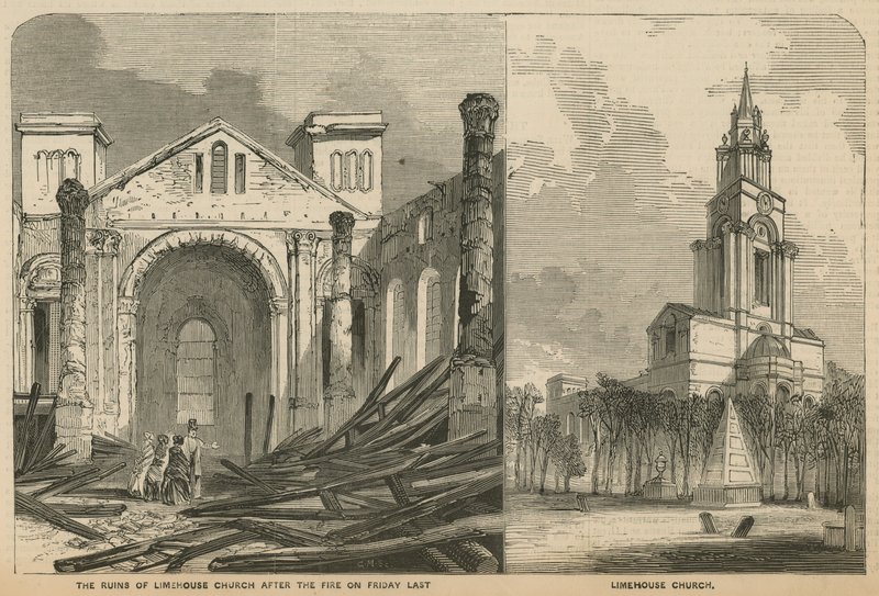Limehouse Kirke før og efter branden af English School