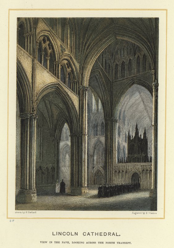 Lincoln Cathedral, udsigt i skibet, med udsigt over det nordlige tværskib af English School