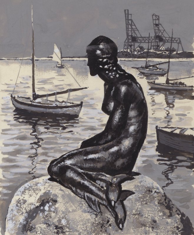 Lille Havfrue Statue i København (gouache på papir) af English School