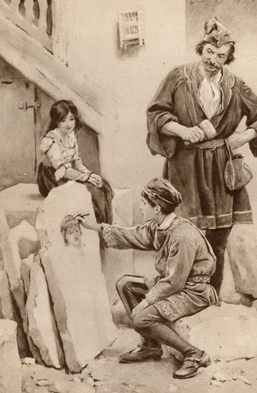 Lille Michael Angelo tegner et portræt (farve litho) af English School