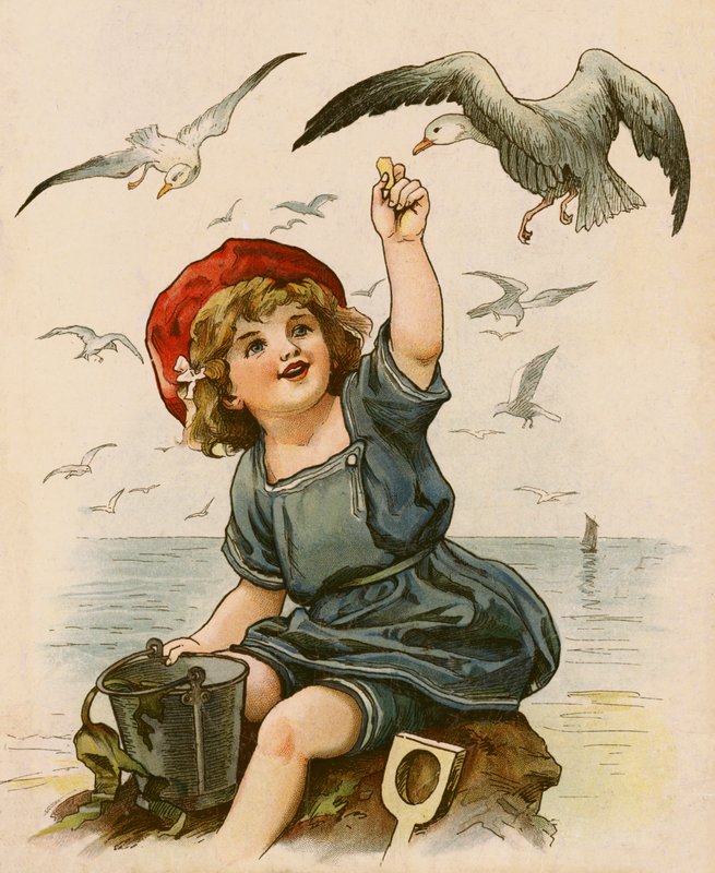 Lille pige fodrer måger (farve litho) af English School