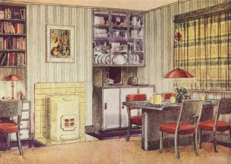 Opholdsstue med spiseplads og brændeovn (farve litho) af English School
