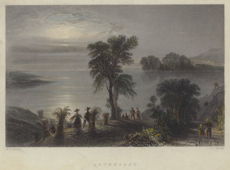 Lochmaben, Skotland (farvet gravering) af English School