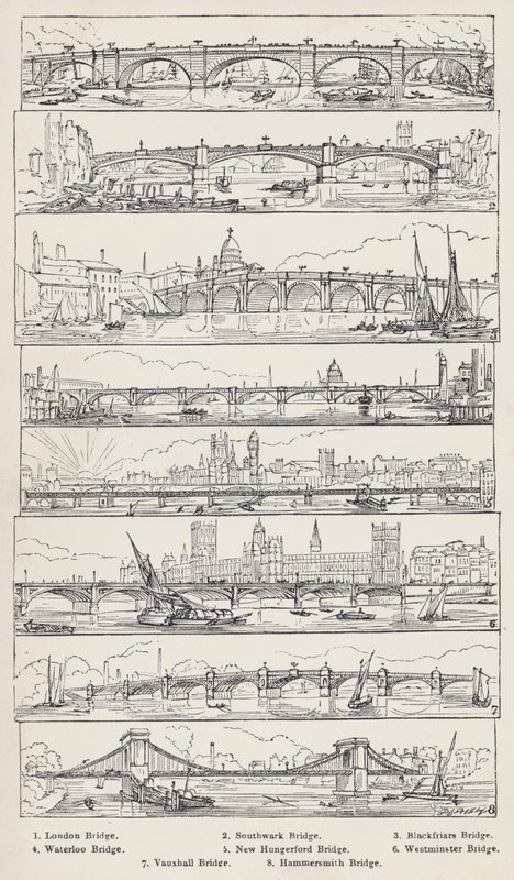 London Bridge, Southwark Bridge, Blackfriars Bridge, Waterloo Bridge, New Hungerford Bridge, Westminster Bridge, Vauxhall Bridge, Hammersmith Bridge (gravering) af English School