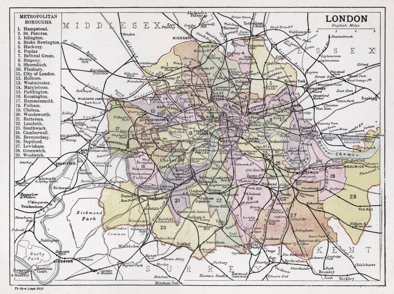 London, Metropolitan Boroughs (farve litho) af English School