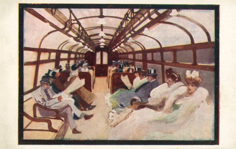 Passagerer i Londons undergrundsbane på Bakerloo- og Piccadilly-linjerne (farvelitografi) af English School