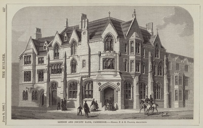 London and County Bank, Cambridge, herrerne F og H Francis, arkitekter (gravering) af English School