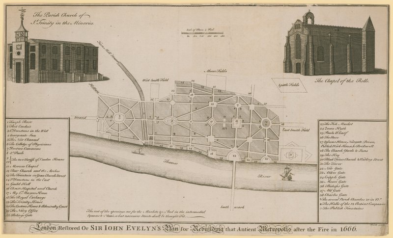 London restaureret, eller Sir John Evelyns plan for genopbygning af den gamle metropol efter branden i 1666 af English School