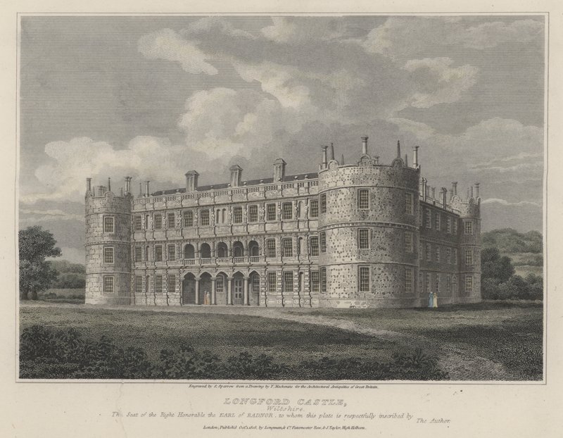 Longford Castle, Wiltshire, sæde for jarlen af Radnor (farvet gravering) af English School