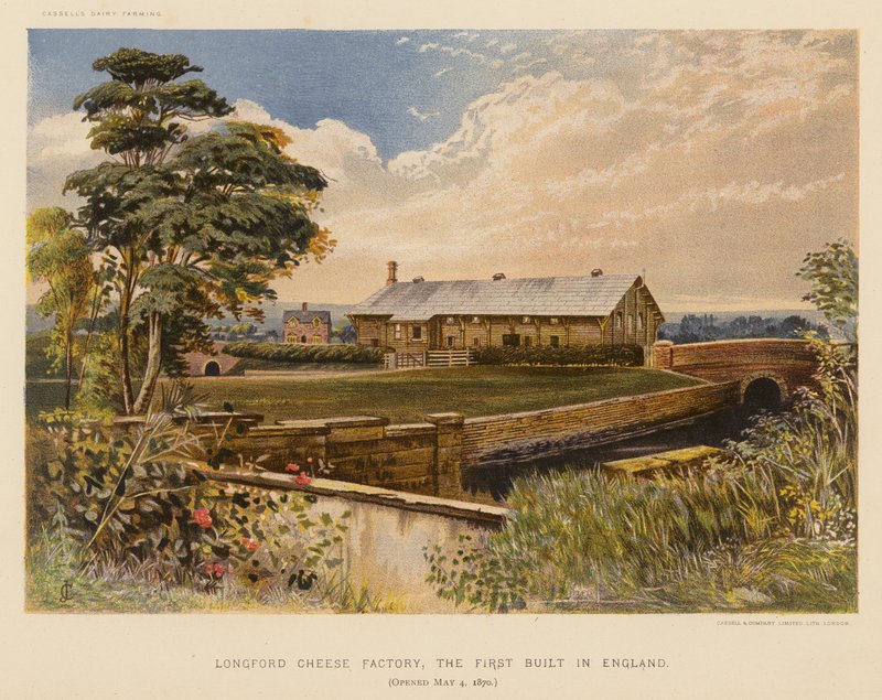 Longford Cheese Factory, den første, der blev bygget i England, åbnede 4. maj 1870 (farvelitografi) af English School