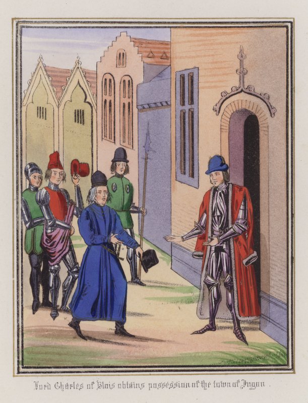 Lord Charles of Blois får byen Jugon i besiddelse (farvet gravering) af English School