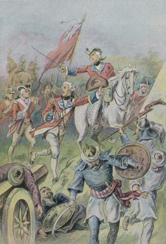 Lord Clive kommanderede briterne i slaget ved Plassey, Indien, 1757 af English School