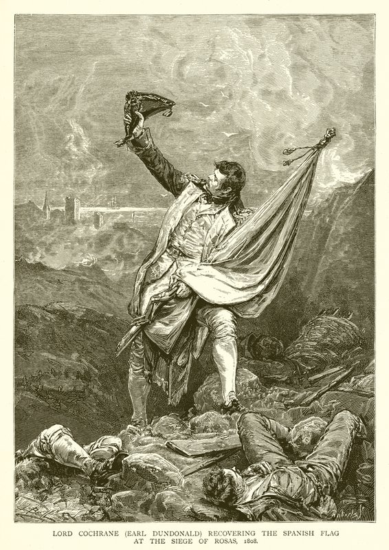 Lord Cochrane (Earl Dundonald) genvinder det spanske flag ved belejringen af Rosas, 1808 af English School