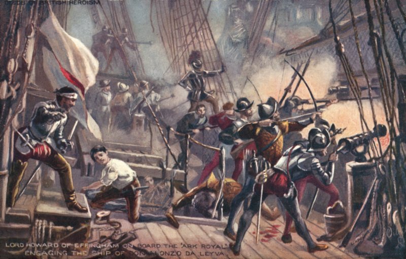 Lord Howard of Effringham på Ark Royal, der angriber Don Alonzo da Leyva, den spanske armada af English School