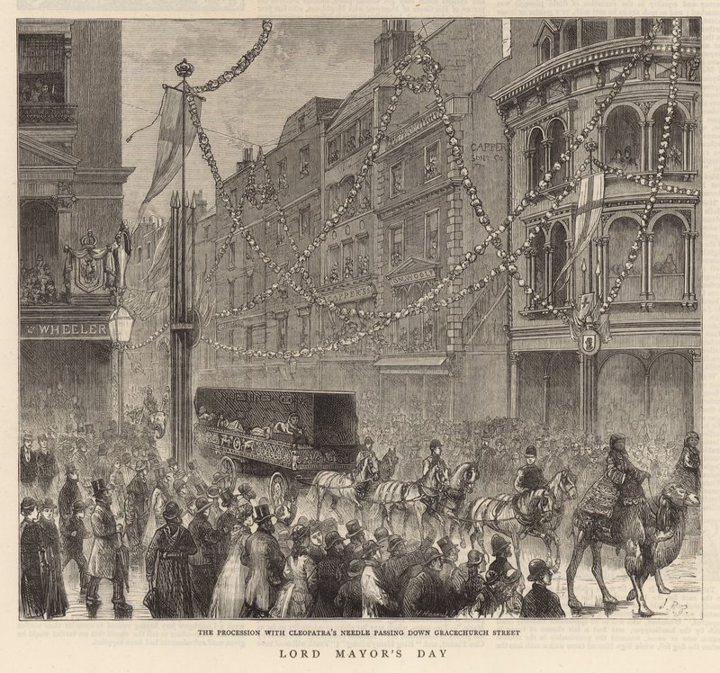 Lord Mayors Day: Processionen med Cleopatras Needle passerer ned ad Gracechurch Street af English School