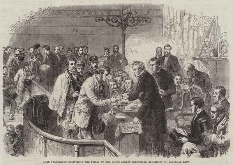 Lord Palmerston leverer priserne på South London Industrial Exhibition lørdag sidst (gravering) af English School