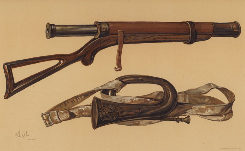 Lord Raglans teleskop og en russisk bugle fra Sebastopol (chromolitho) af English School