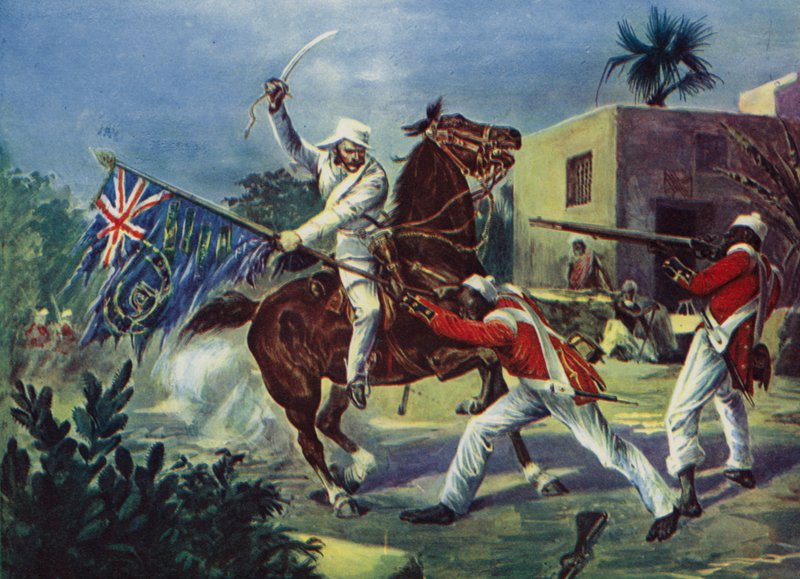 Lord Roberts kæmper to sepoys over den britiske standard ved Khudaganj, som han blev tildelt Victoria Cross for under det indiske mytteri af English School