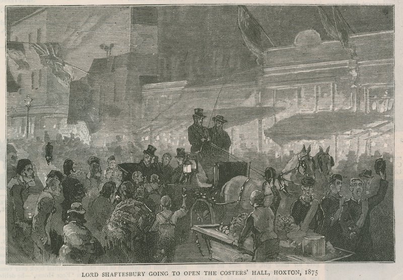 Lord Shaftesbury vil åbne Costers Hall, Hoxton, London, 1875 af English School