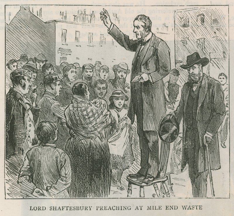 Lord Shaftesbury prædiker i Mile End Waste, London af English School