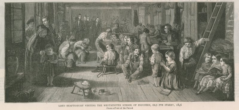 Lord Shaftesbury besøger Westminster School of Industry, Old Pye Street, London, 1846 af English School