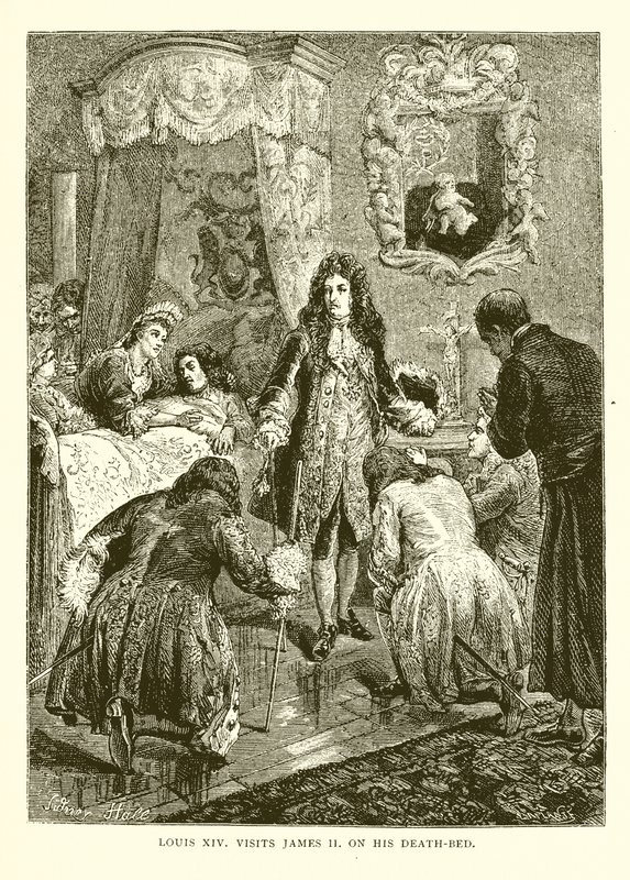 Ludvig XIV besøger Jakob II. på sit Dødsleje af English School