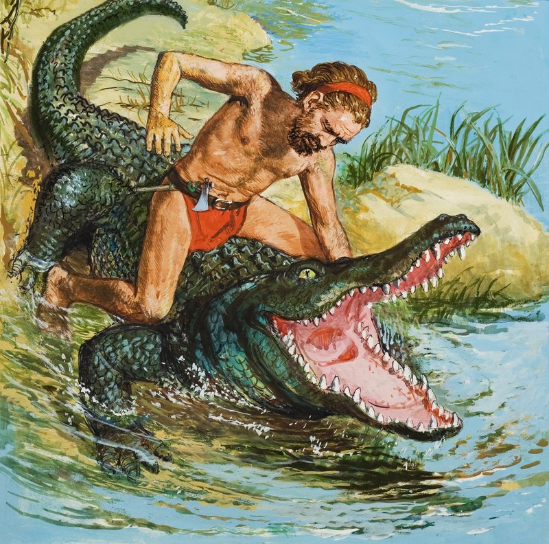 Louis, the Desert Island Castaway, angriber en krokodille (gouache på papir) af English School