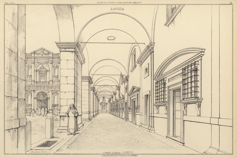 Lower Loggia, Loreto, Italien (litho) af English School