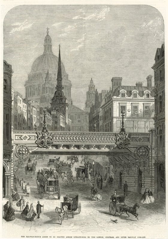 Ludgate Hill, jernbanebroen ved at blive opført af London, Chatham og Dover Railway Company af English School