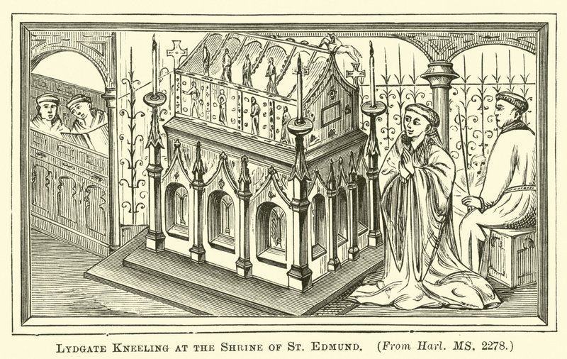 Lydgate knæler ved Shrine of St Edmund af English School