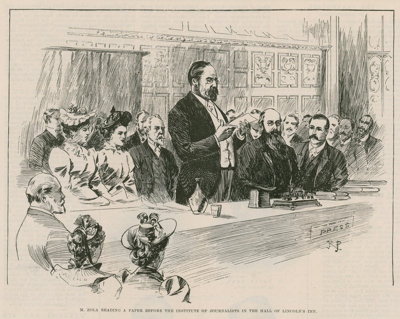 M Emile Zola læser et papir for Institute of Journalists i hallen på Lincolns Inn, London af English School