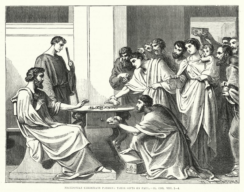 Makedonske kristne presser deres gaver på Paulus, II. Korintherbrev VIII af English School