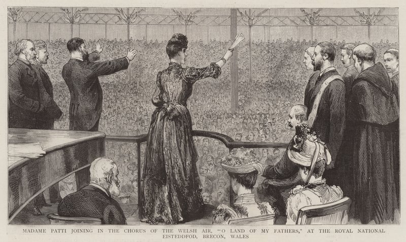 Madame Patti deltager i koret af den walisiske luftsang "O Land of My Fathers" ved Royal National Eisteddfod, Brecon, Wales (gravering) af English School