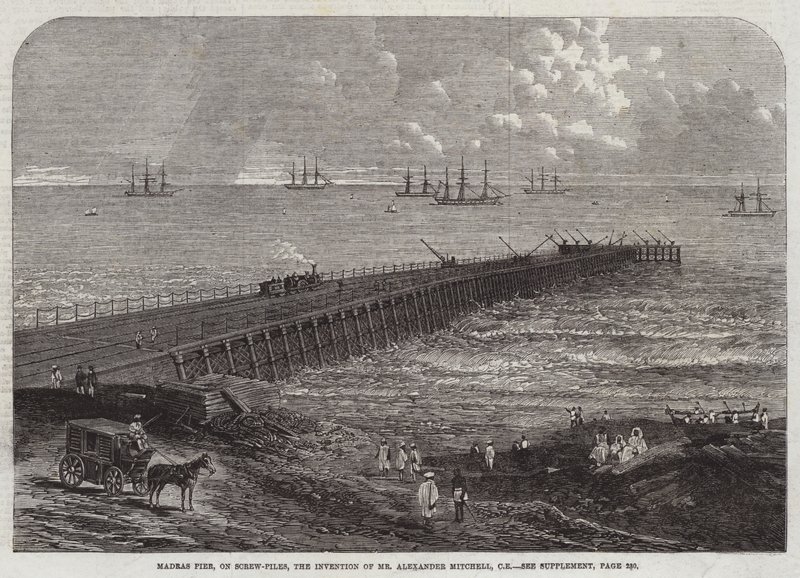 Madras Pier, på skruepæle, opfindelsen af hr. Alexander Mitchell, CE (gravering) af English School