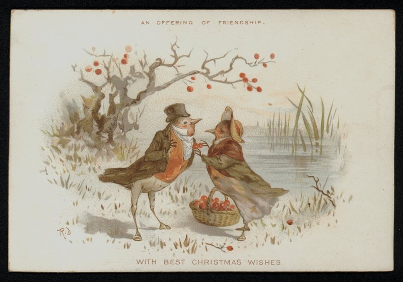 Mandlige og kvindelige robiner i kostume. Jule lykønskningskort. (chromolitho) af English School