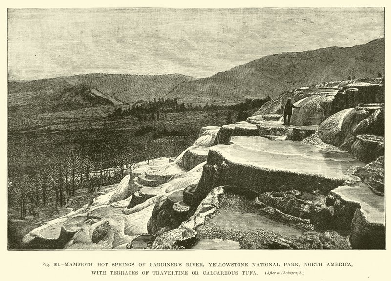Mammoth hot springs of Gardiners River, Yellowstone National Park, North America, with terraces of Travertine or Calcareous Tufa  af English School