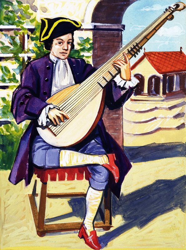 Mand, der spiller Archlute af English School