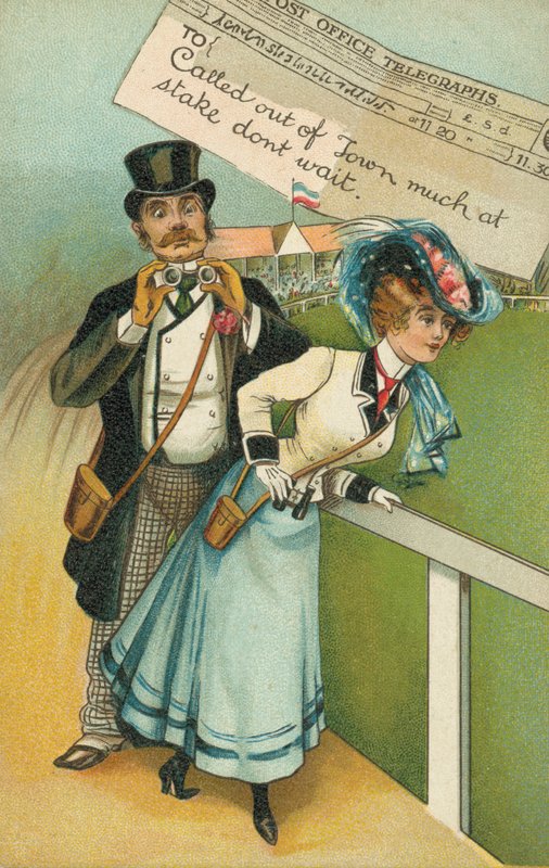 Mand og ven ved løbene (farve litho) af English School