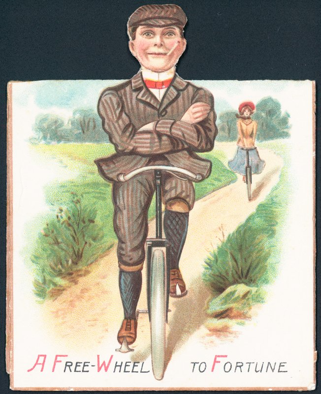 Mand og dame cykler ned ad landevej, kort af English School