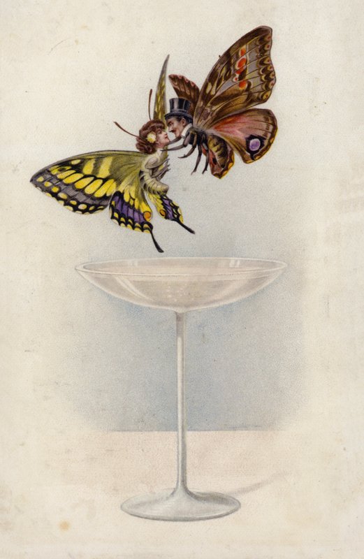 Mand og kvinde, som sommerfugle, svævende over et glas champagne (farve litho) af English School